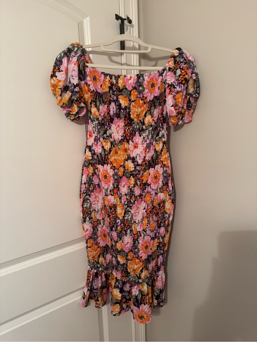 Hello Molly Pink & Orange Floral Puff Sleeve Smocked Midi Dress